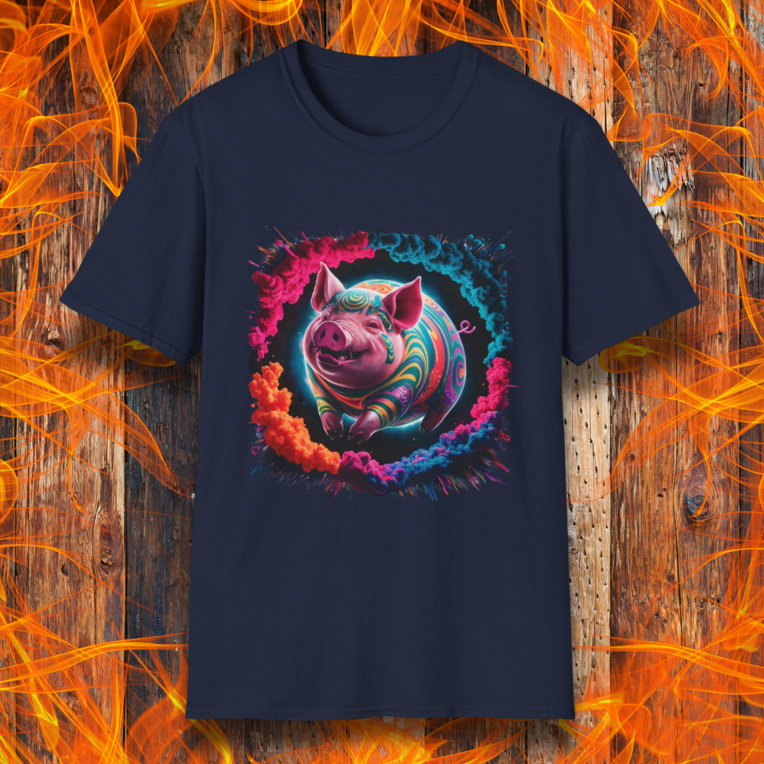 Navy T-shirt featuring a vibrant, psychedelic pig design surrounded by a colorful smoke effect. A bold and eye-catching statement piece for BBQ lovers and fans of unique, artistic apparel.