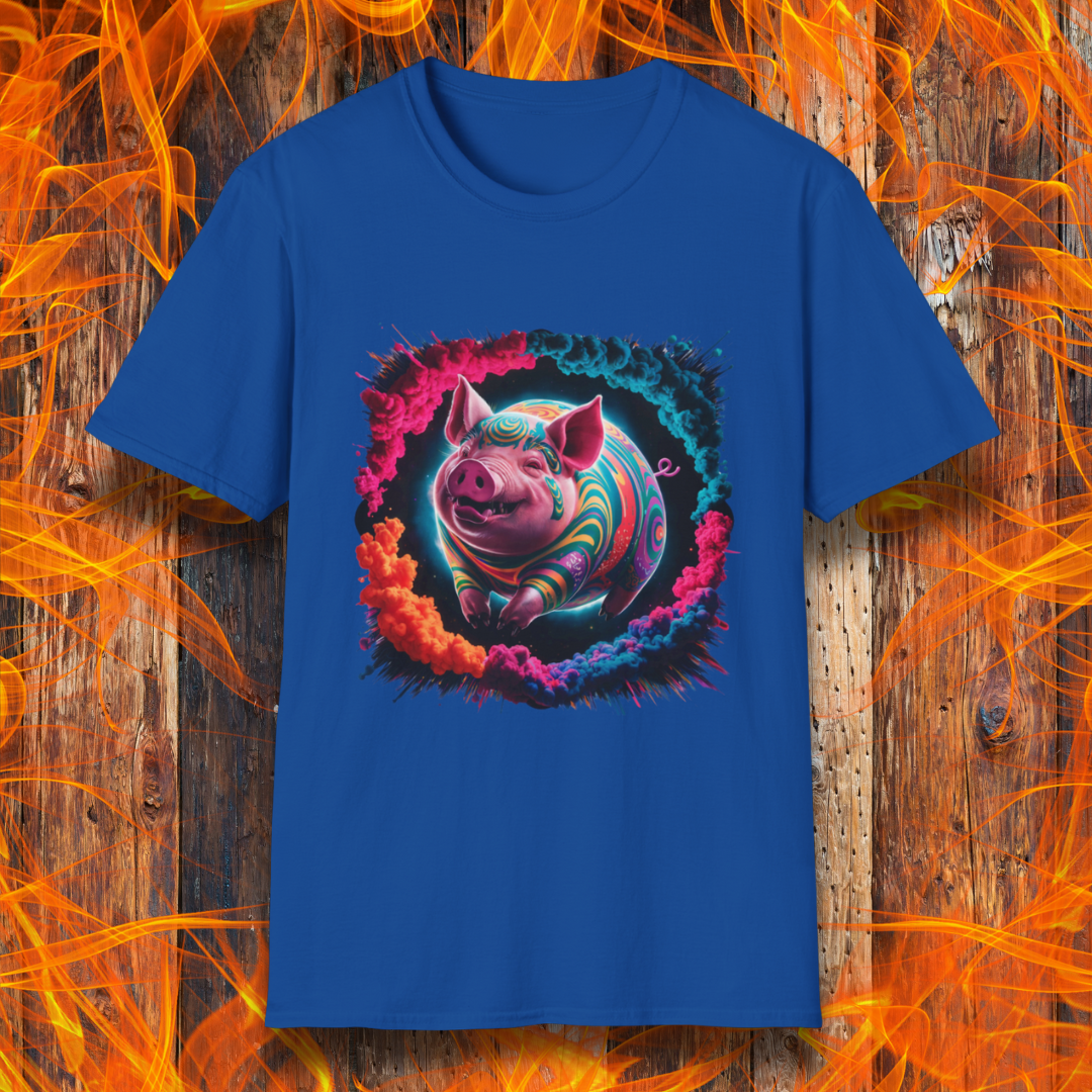 Royal Blue T-shirt featuring a vibrant, psychedelic pig design surrounded by a colorful smoke effect. A bold and eye-catching statement piece for BBQ lovers and fans of unique, artistic apparel.