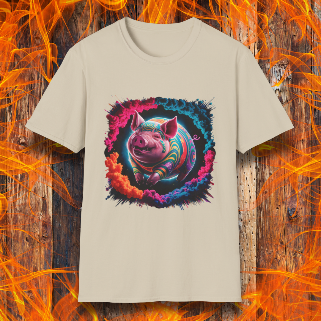 Sand T-shirt featuring a vibrant, psychedelic pig design surrounded by a colorful smoke effect. A bold and eye-catching statement piece for BBQ lovers and fans of unique, artistic apparel.