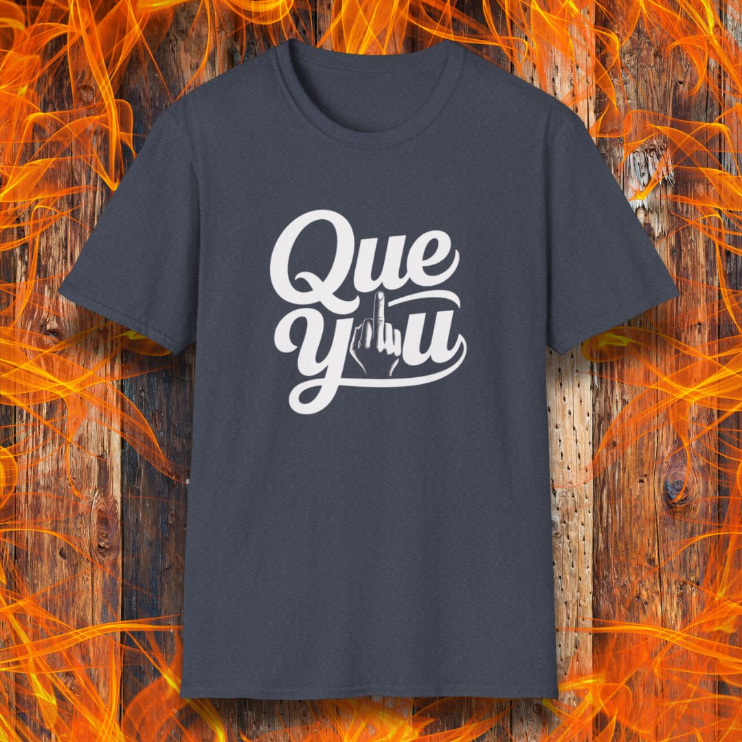 Navy blue t-shirt with 'Que y u' text on a fiery background