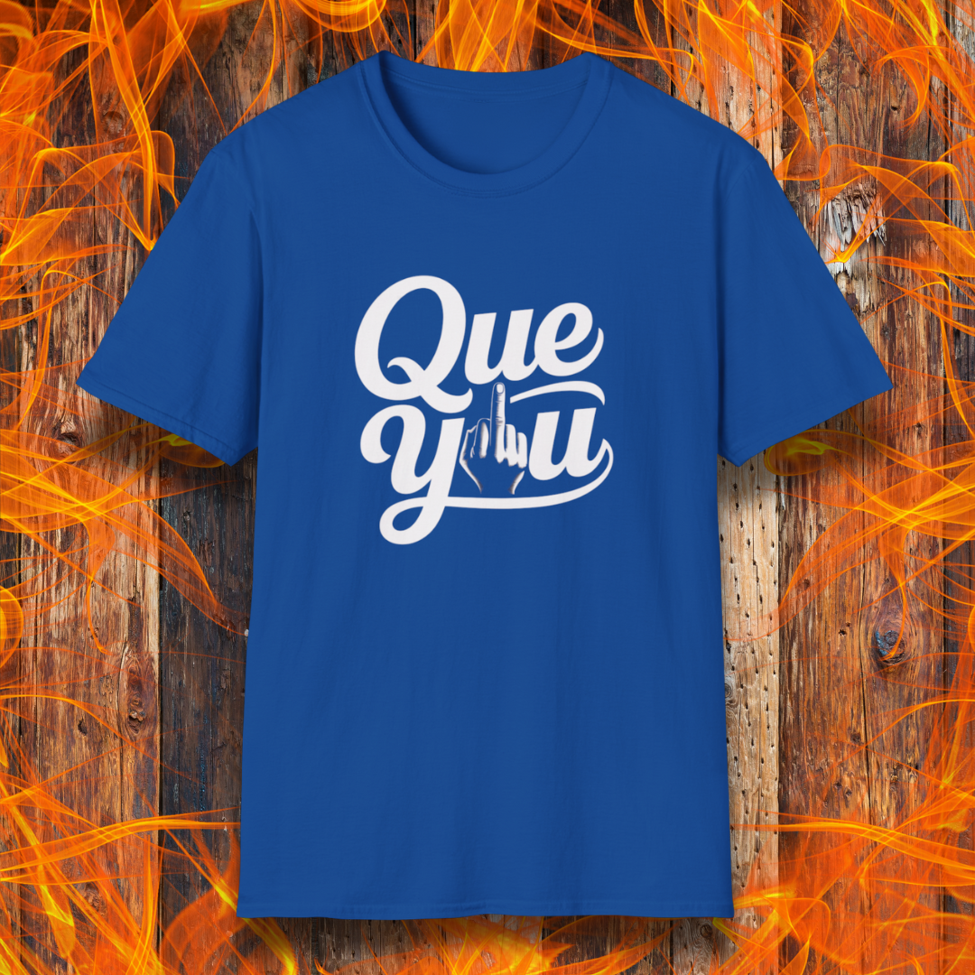 Blue t-shirt with 'Que y u' text on a wooden background with flames