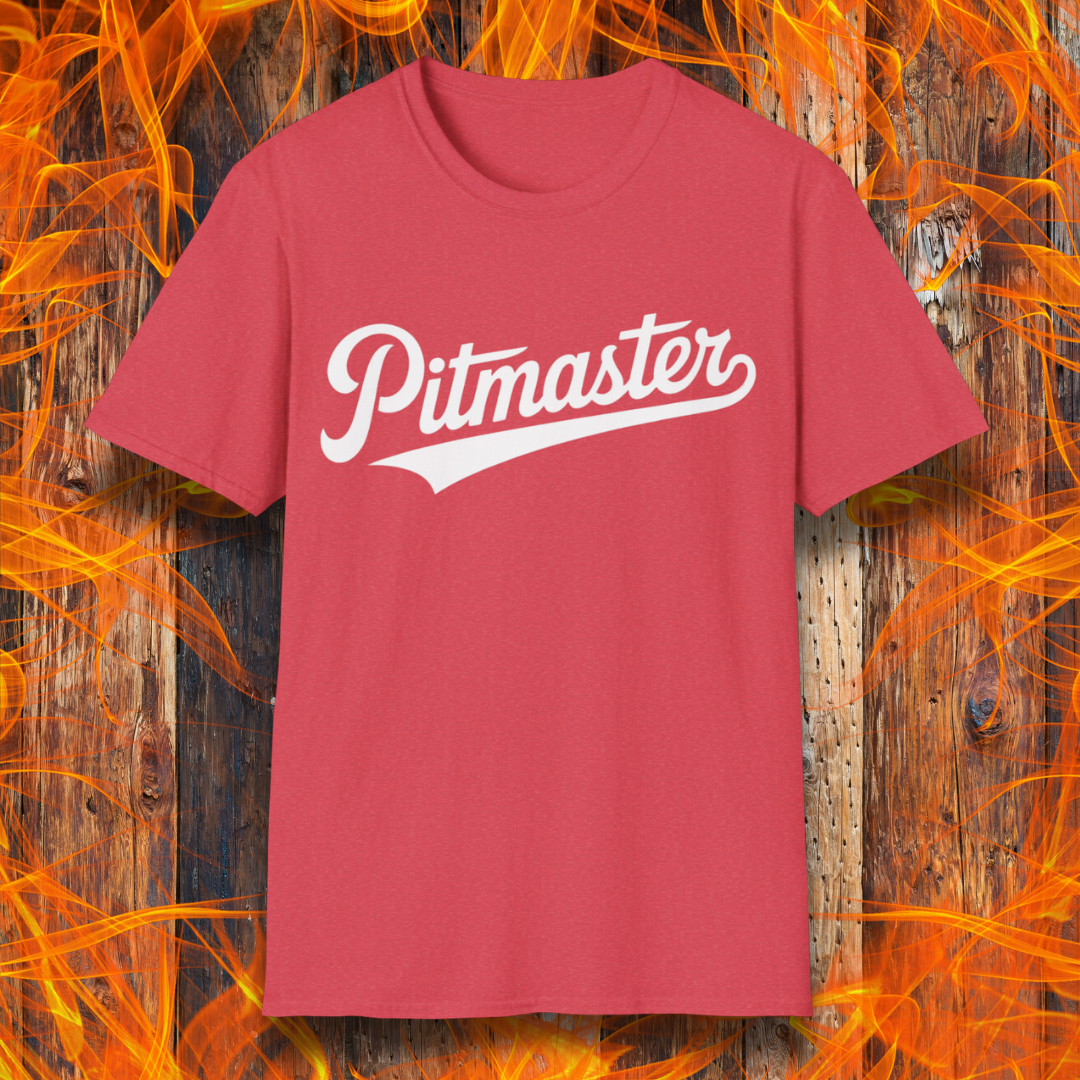 Heather Red t-shirt with 'Pitmaster' text on a wooden background with flames.