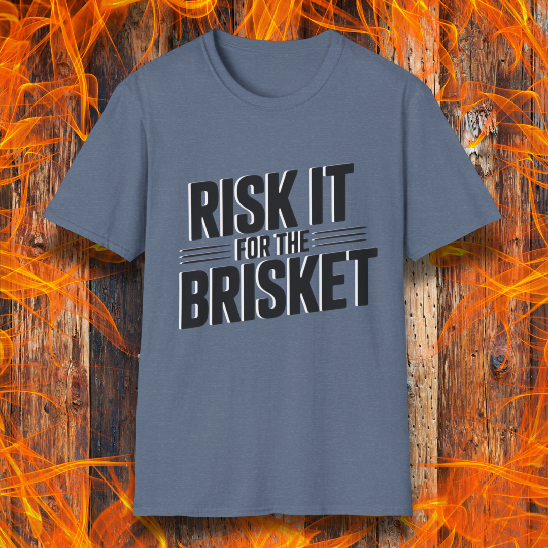 Blue t-shirt with 'RISK IT FOR THE BRISKET' text on a fiery background