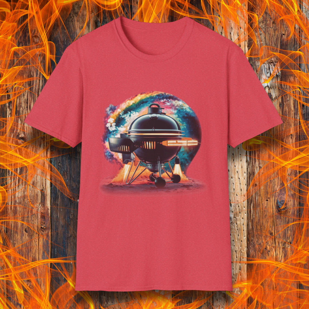 Heather Red T-shirt featuring a futuristic BBQ kettle grill designed like a rocket ship, with glowing thrusters, steam, and a cosmic background. A perfect design for BBQ lovers with a passion for sci-fi and grilling.
