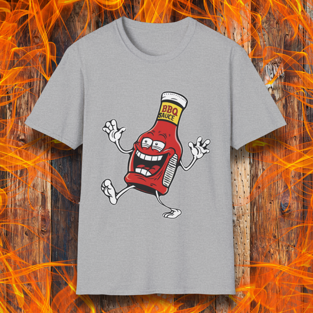 Sport Grey T-shirt with a cartoon BBQ sauce bottle, grinning and dancing with "BBQ SAUCE" on its label. Fun, fiery design for BBQ lovers.