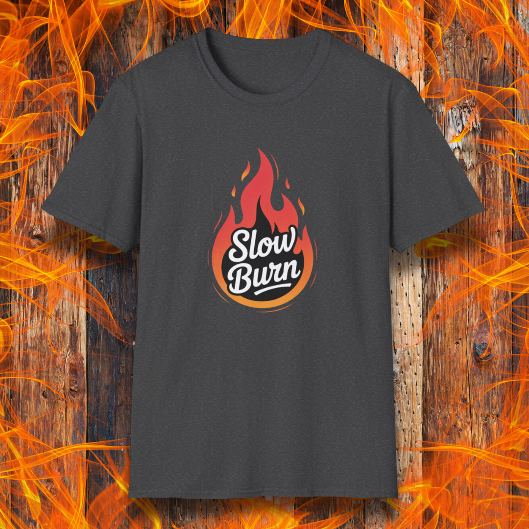 Black t-shirt with 'Slow Burn' design on a fiery background