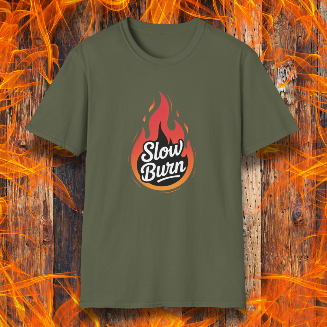 Green t-shirt with 'Slow Burn' design on a fiery background