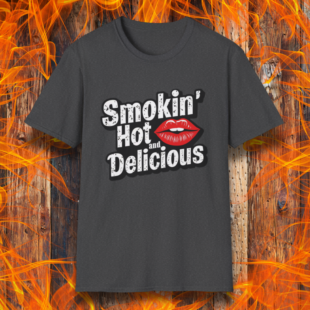 Dark Heather t-shirt featuring bold white text that reads 'Smokin' Hot and Delicious,' with a red lips graphic replacing the 'o' in 'Hot' for a fun, flirty BBQ-inspired design