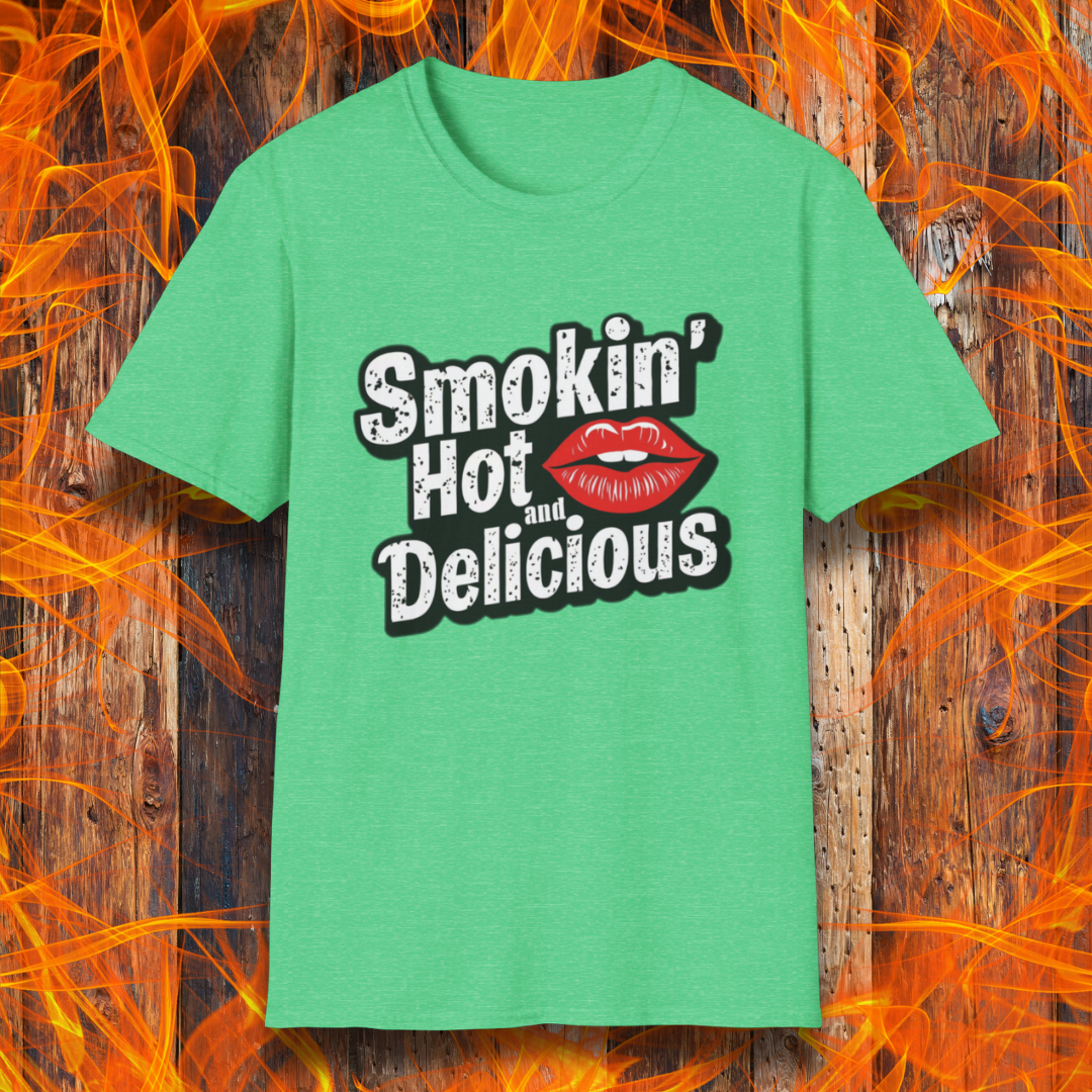 Heather Irish Green t-shirt featuring bold white text that reads 'Smokin' Hot and Delicious,' with a red lips graphic replacing the 'o' in 'Hot' for a fun, flirty BBQ-inspired design