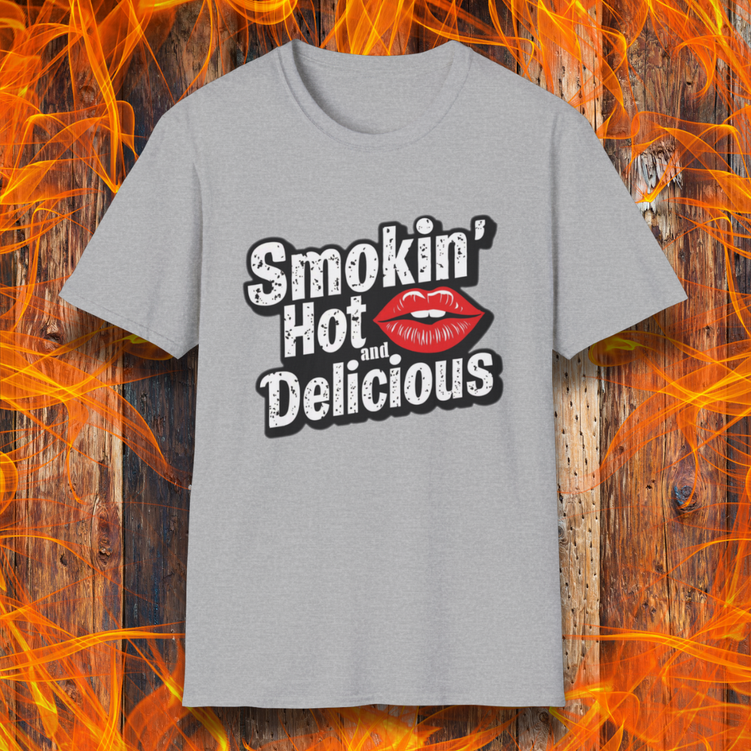 Sport Grey t-shirt featuring bold white text that reads 'Smokin' Hot and Delicious,' with a red lips graphic replacing the 'o' in 'Hot' for a fun, flirty BBQ-inspired design
