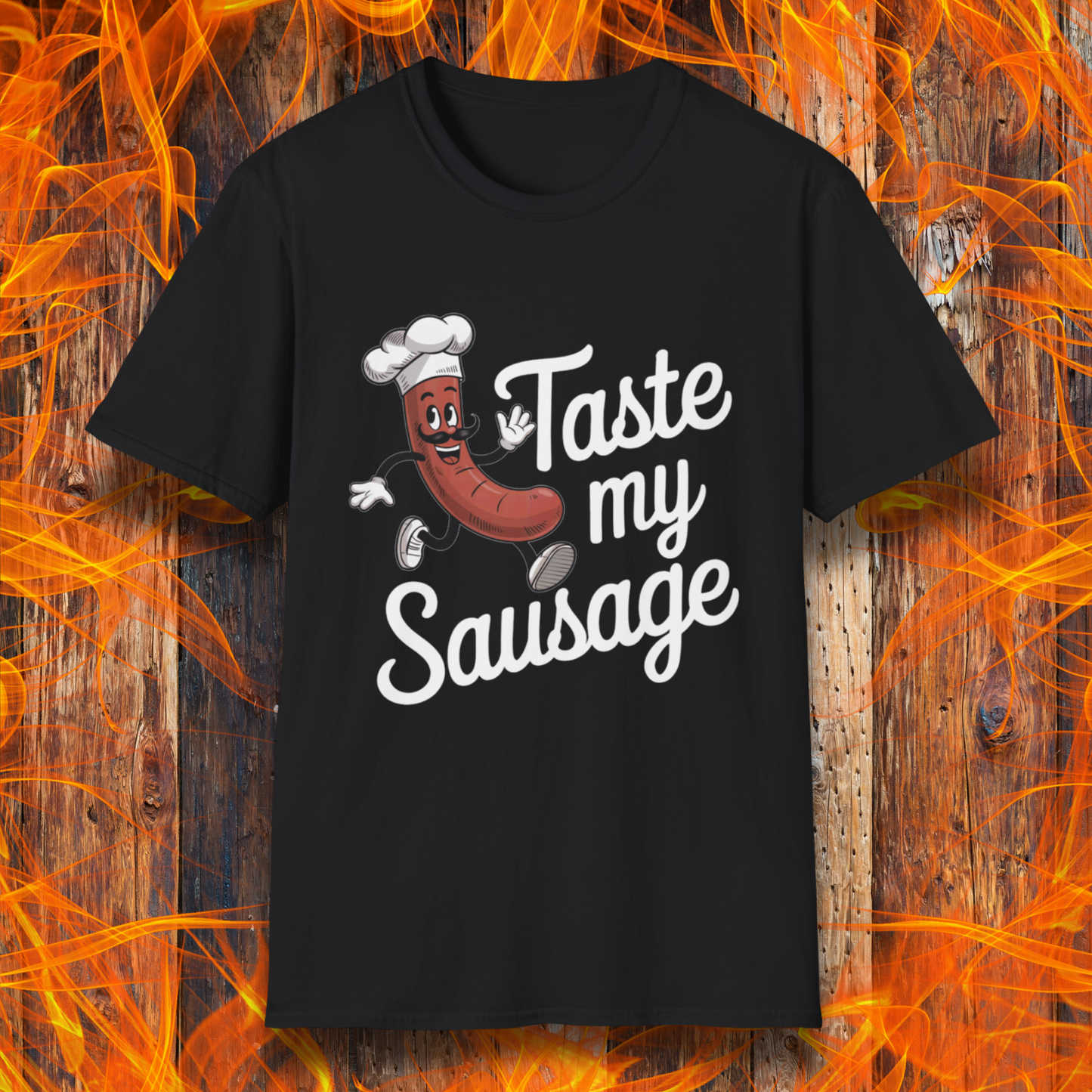 Black “Taste My Sausage” tee! Featuring a cheeky cartoon sausage in a chef hat, it’s perfect for grill masters who like their humor served hot.