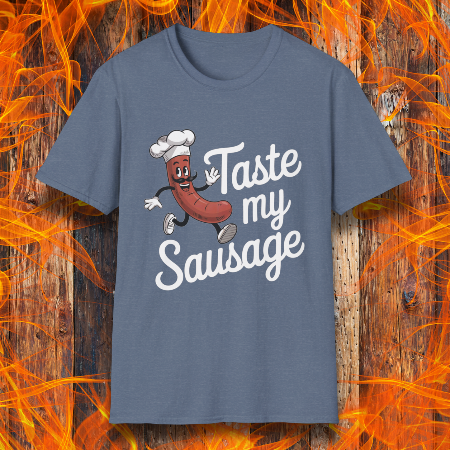 Heather Indigo “Taste My Sausage” tee! Featuring a cheeky cartoon sausage in a chef hat, it’s perfect for grill masters who like their humor served hot.
