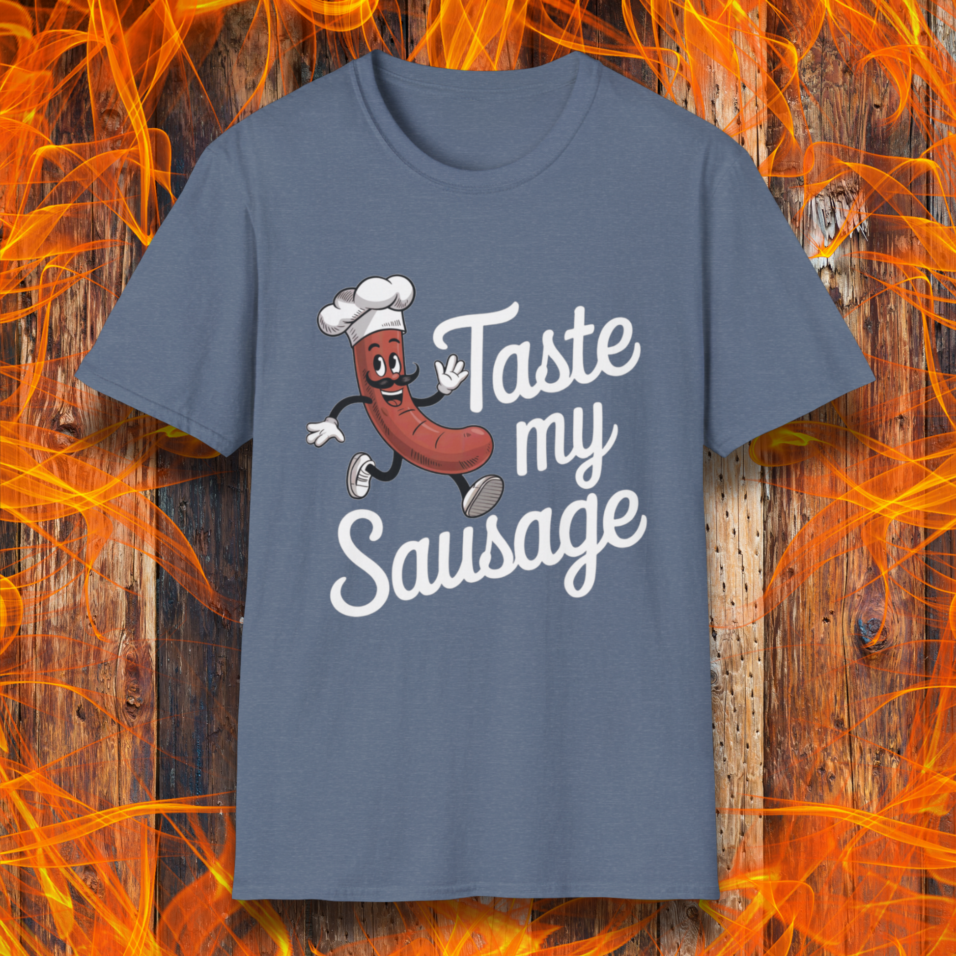 Heather Indigo “Taste My Sausage” tee! Featuring a cheeky cartoon sausage in a chef hat, it’s perfect for grill masters who like their humor served hot.