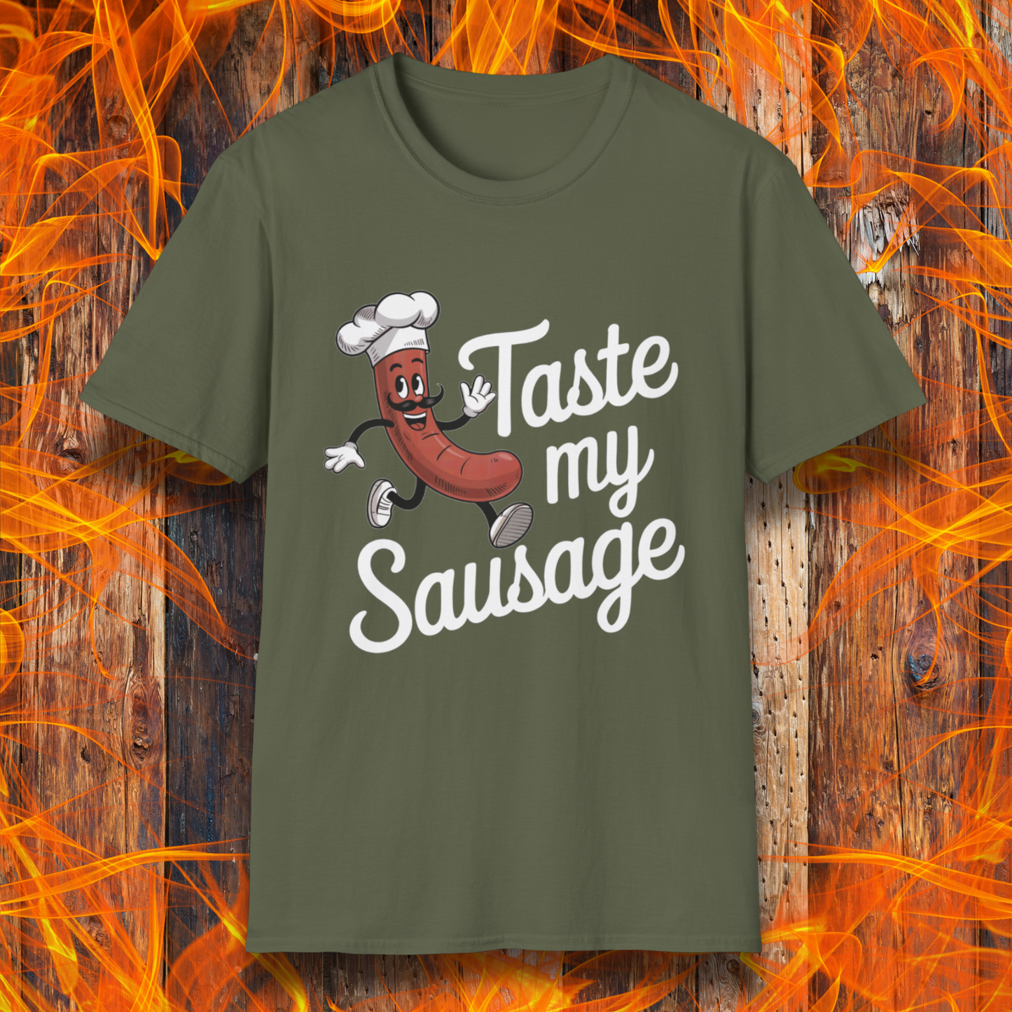 Military Green “Taste My Sausage” tee! Featuring a cheeky cartoon sausage in a chef hat, it’s perfect for grill masters who like their humor served hot.