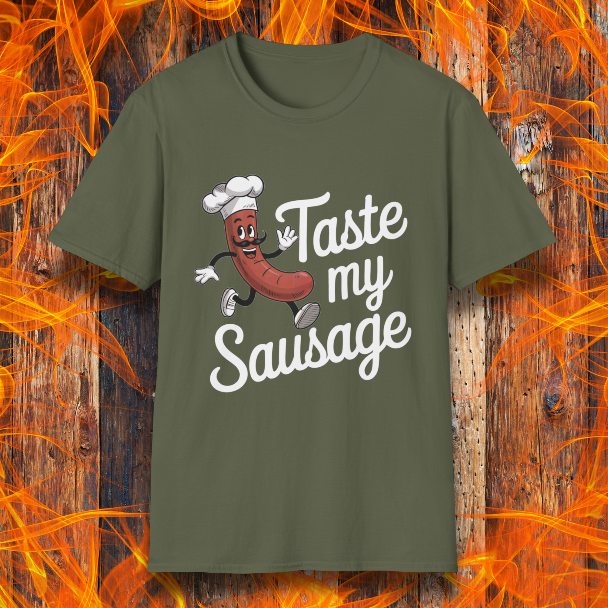 Military Green “Taste My Sausage” tee! Featuring a cheeky cartoon sausage in a chef hat, it’s perfect for grill masters who like their humor served hot.