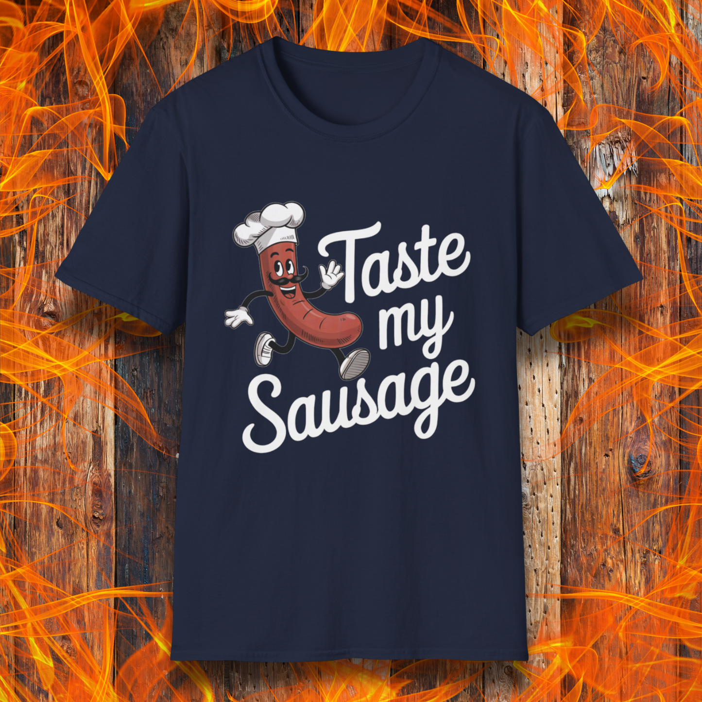 Navy “Taste My Sausage” tee! Featuring a cheeky cartoon sausage in a chef hat, it’s perfect for grill masters who like their humor served hot.
