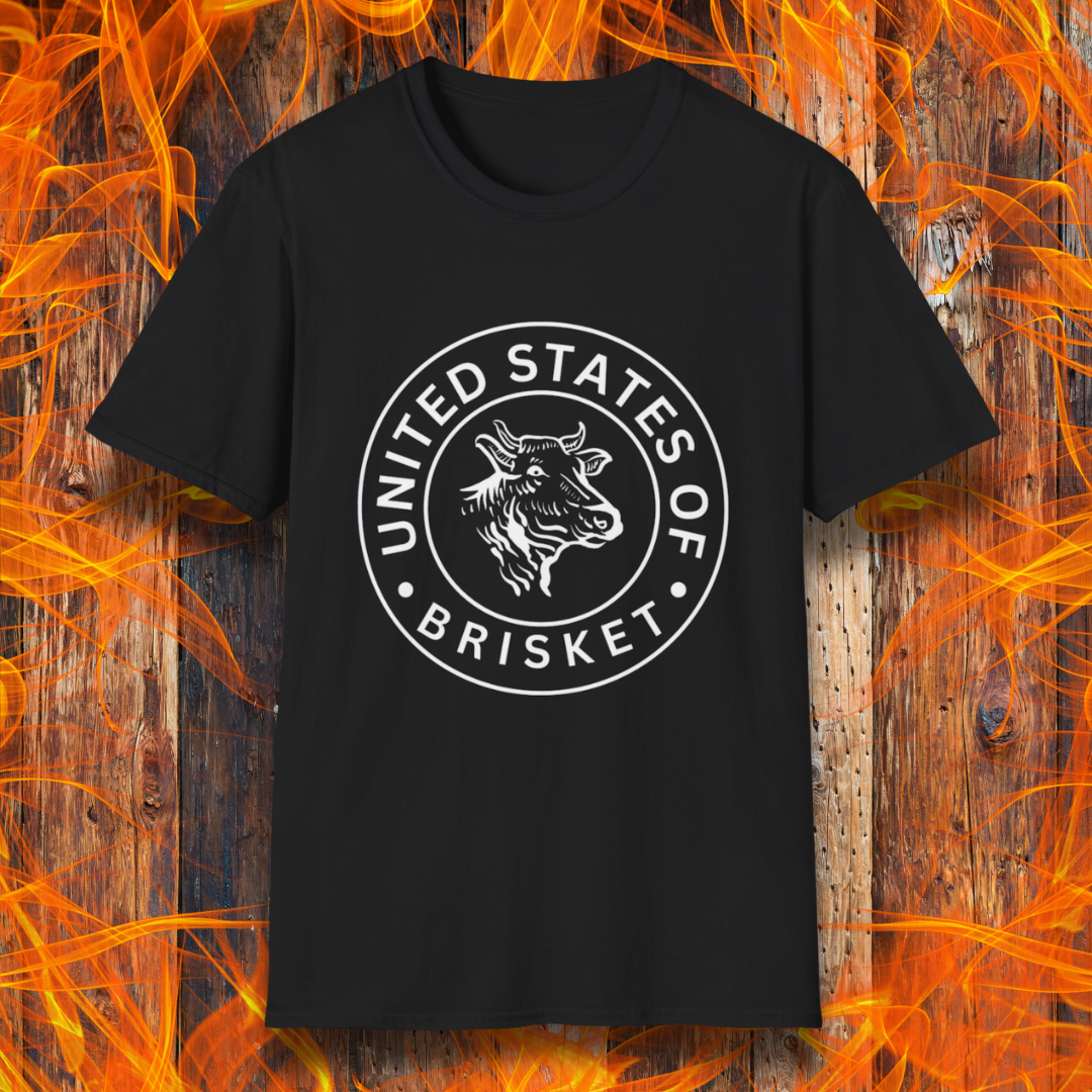 Black T-shirt featuring a bold circular emblem with a detailed cow head illustration and the phrase 'United States of Brisket.' Perfect for BBQ lovers and brisket enthusiasts who take their grilling seriously.