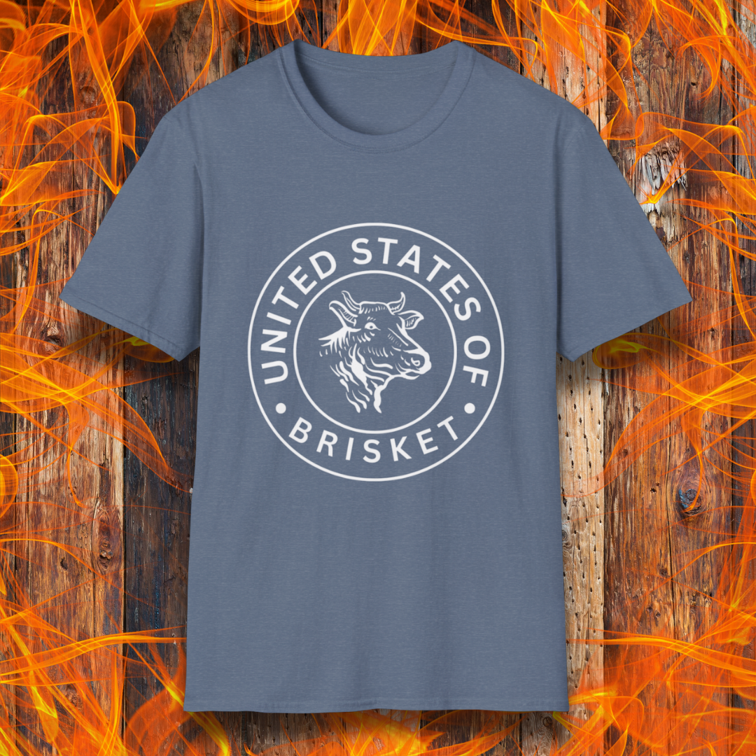 Heather Indigo T-shirt featuring a bold circular emblem with a detailed cow head illustration and the phrase 'United States of Brisket.' Perfect for BBQ lovers and brisket enthusiasts who take their grilling seriously.