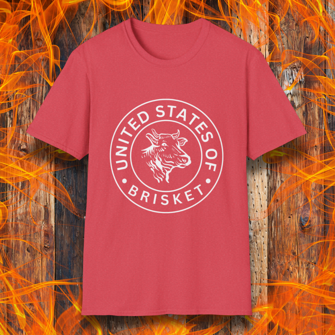 Heather Red T-shirt featuring a bold circular emblem with a detailed cow head illustration and the phrase 'United States of Brisket.' Perfect for BBQ lovers and brisket enthusiasts who take their grilling seriously.