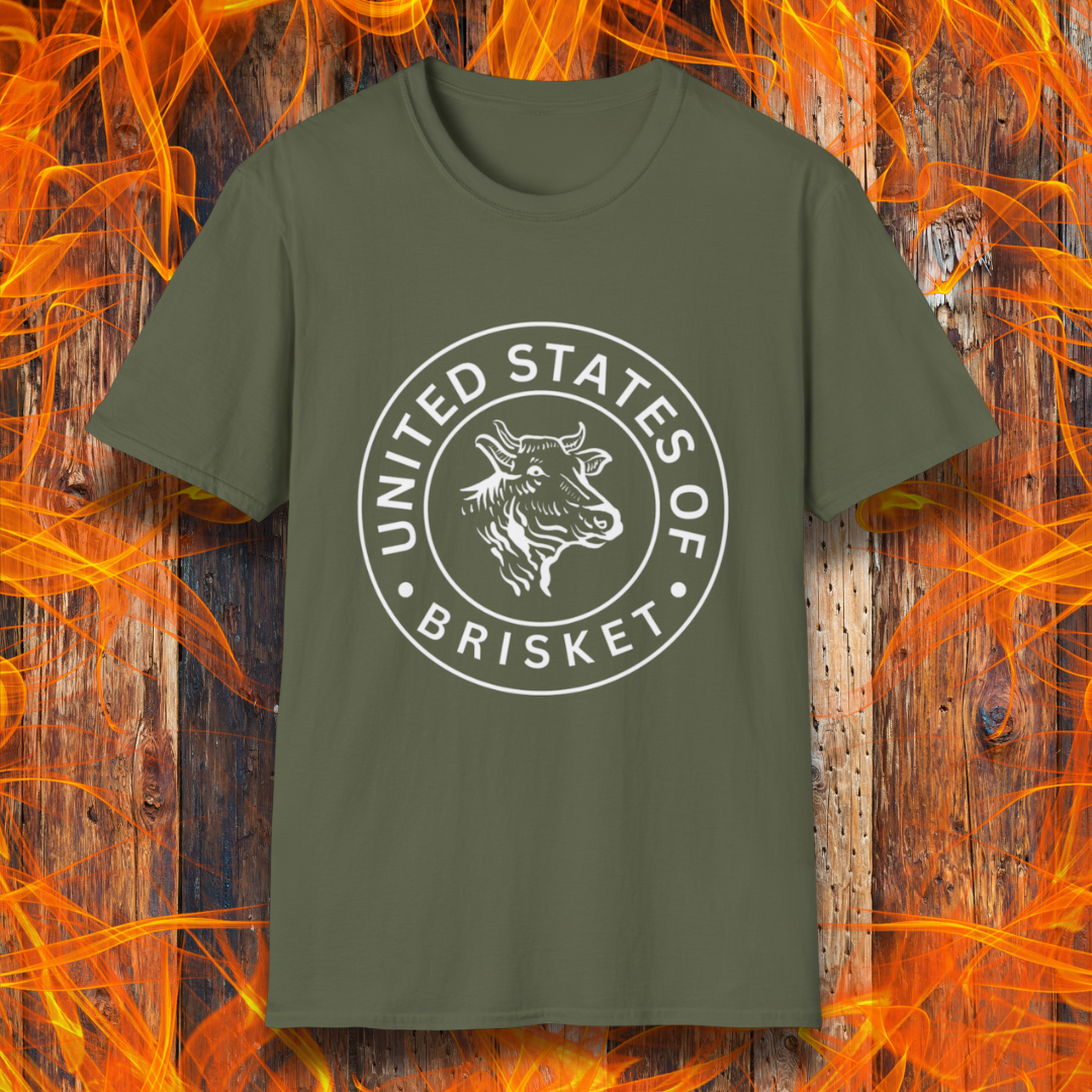 Military Green T-shirt featuring a bold circular emblem with a detailed cow head illustration and the phrase 'United States of Brisket.' Perfect for BBQ lovers and brisket enthusiasts who take their grilling seriously.
