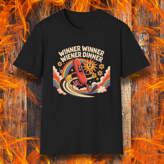Black t-shirt with a colorful graphic of a hot dog and text 'Winner Winner Wiener Dinner' on a fiery background.