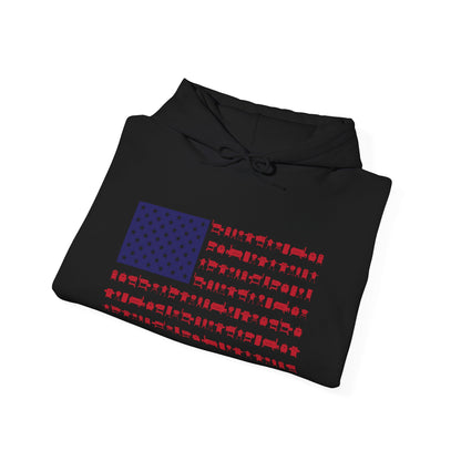 Black hoodie  with an American flag design made up of smokers and grills on a white background