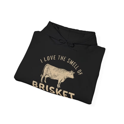 Black hoodie with text "I love the smell of Brisket in the morning" and cow graphic on a white background