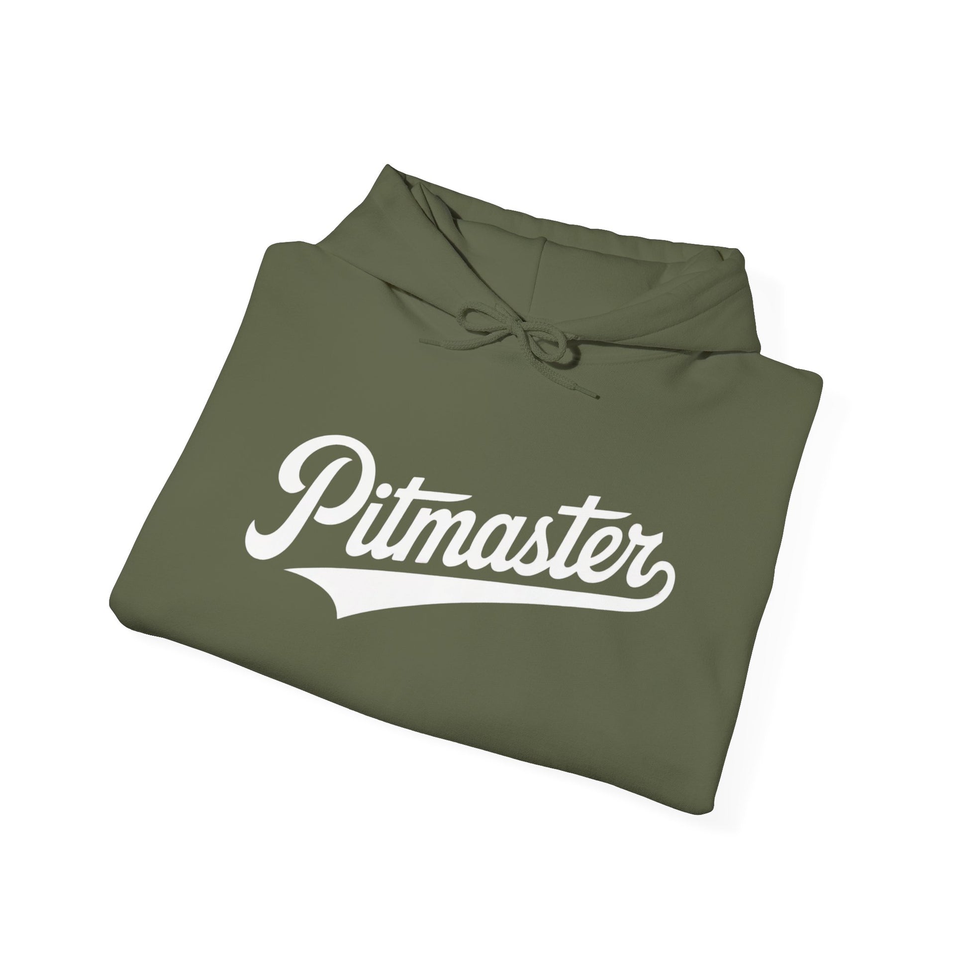 Folded olive green hoodie with 'Pitmaster' text on a white background
