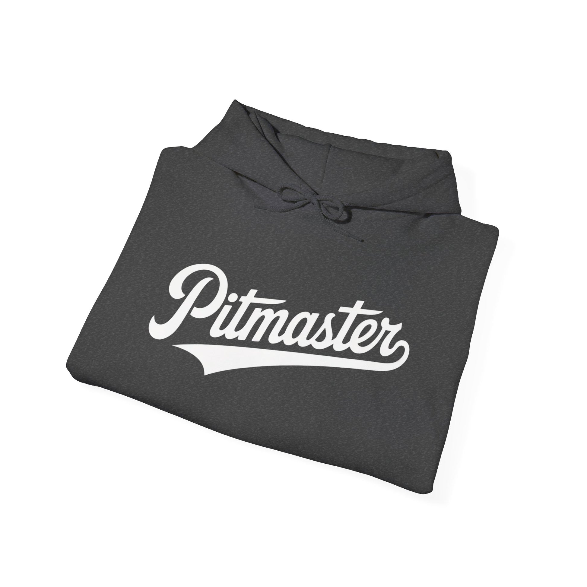 Folded gray hoodie with 'Pitmaster' text on a white background