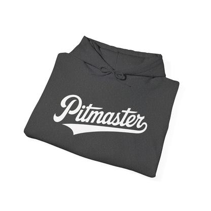 Folded gray hoodie with 'Pitmaster' text on a white background