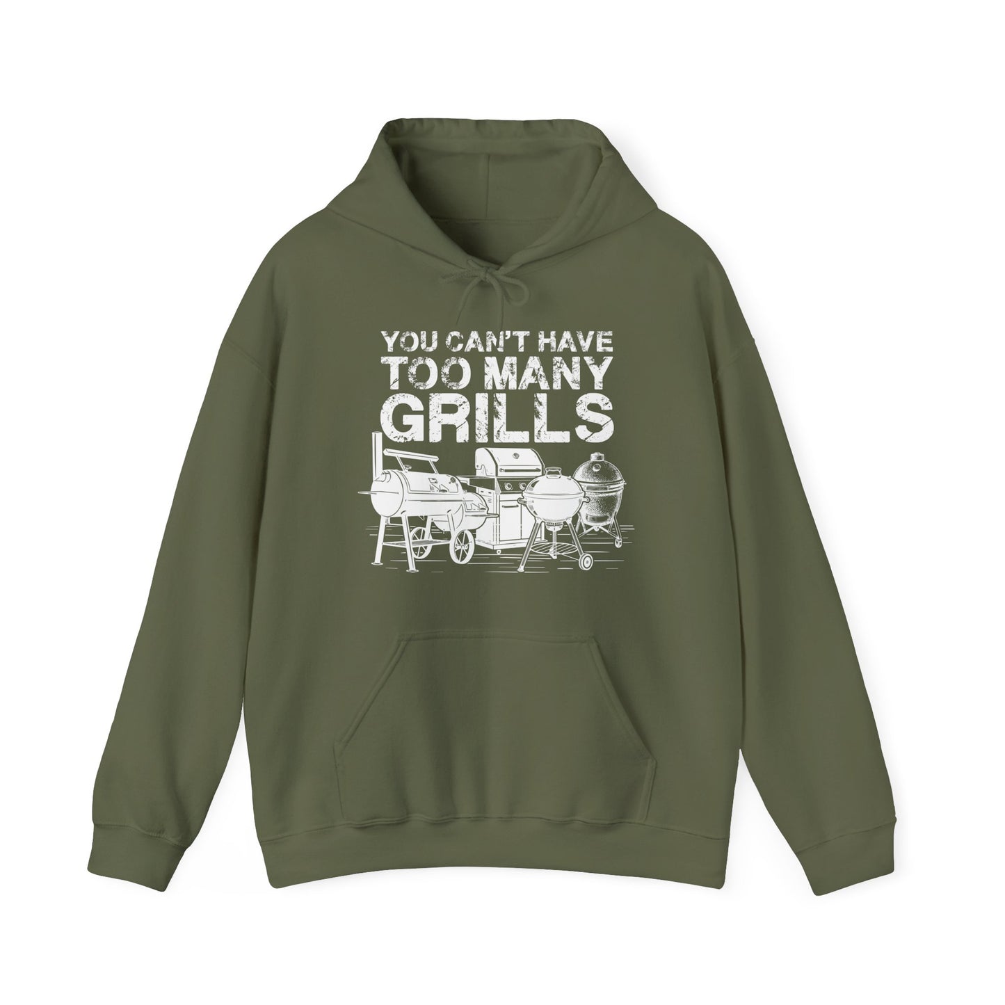 Green hoodie with graphic and text 'You can't have too many grills' on a white background