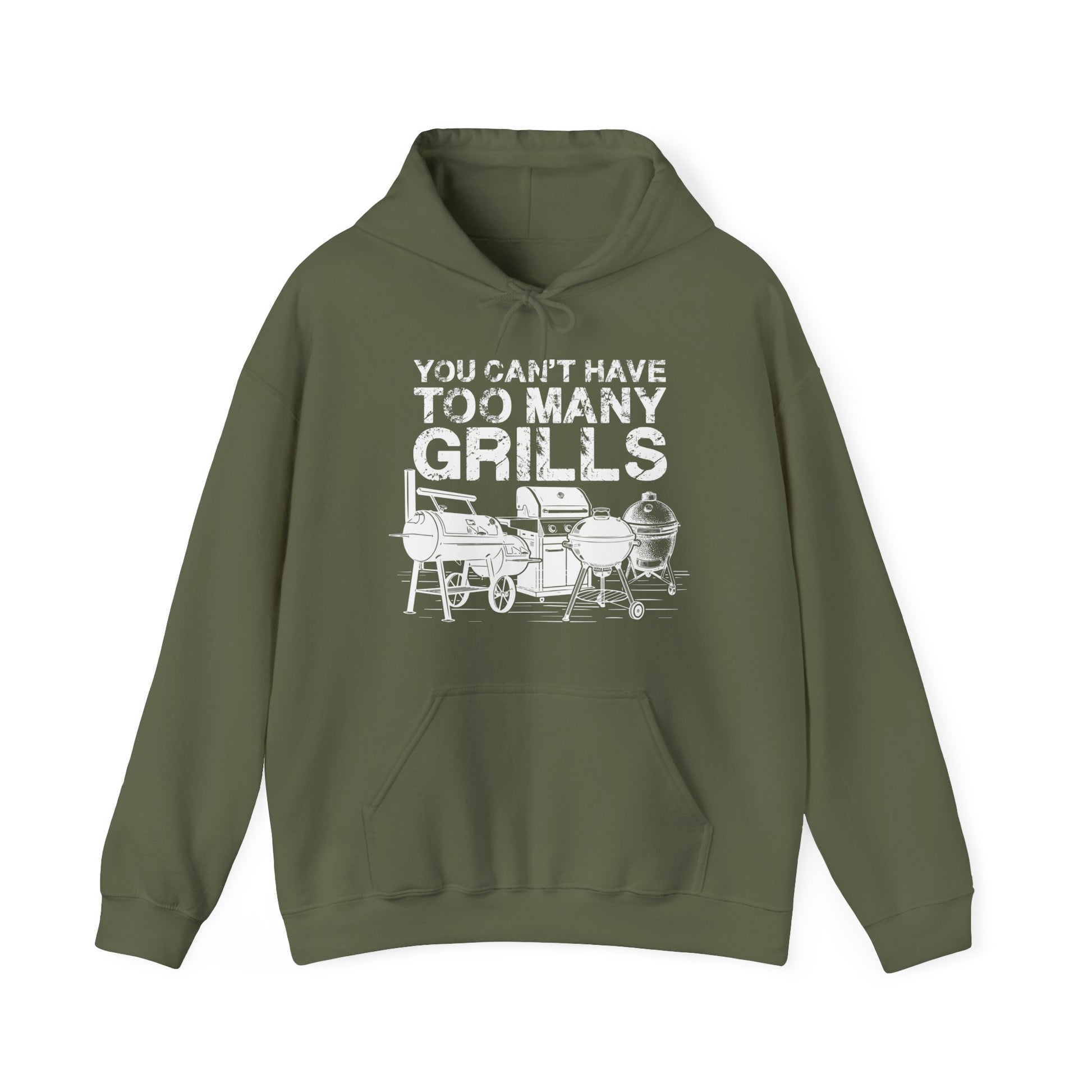 Green hoodie with graphic and text 'You can't have too many grills' on a white background