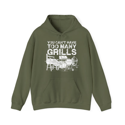Green hoodie with graphic and text 'You can't have too many grills' on a white background