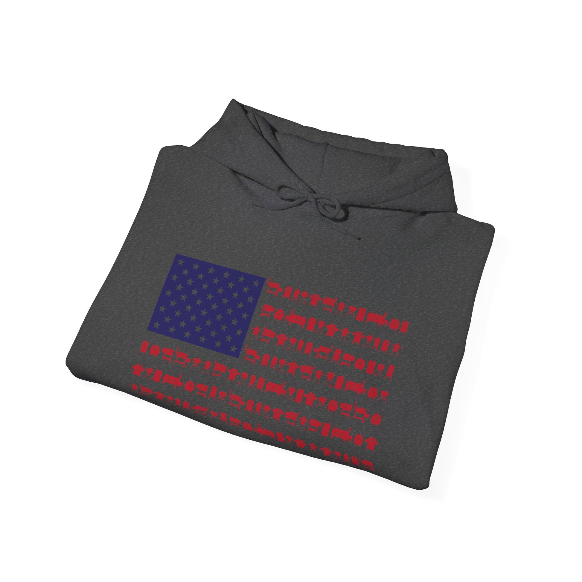 Folded gray hoodie  with an American flag design made up of smokers and grills on a white background