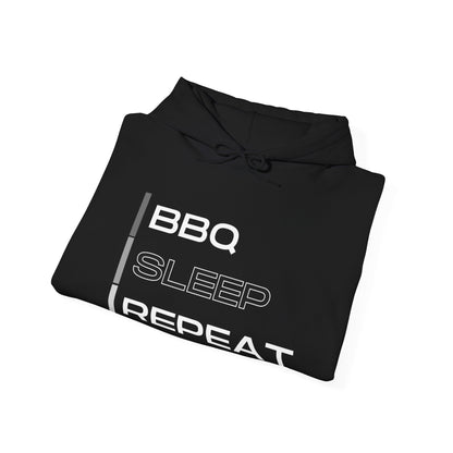Black hoodie with 'BBQ SLEEP REPEAT' text on a white background