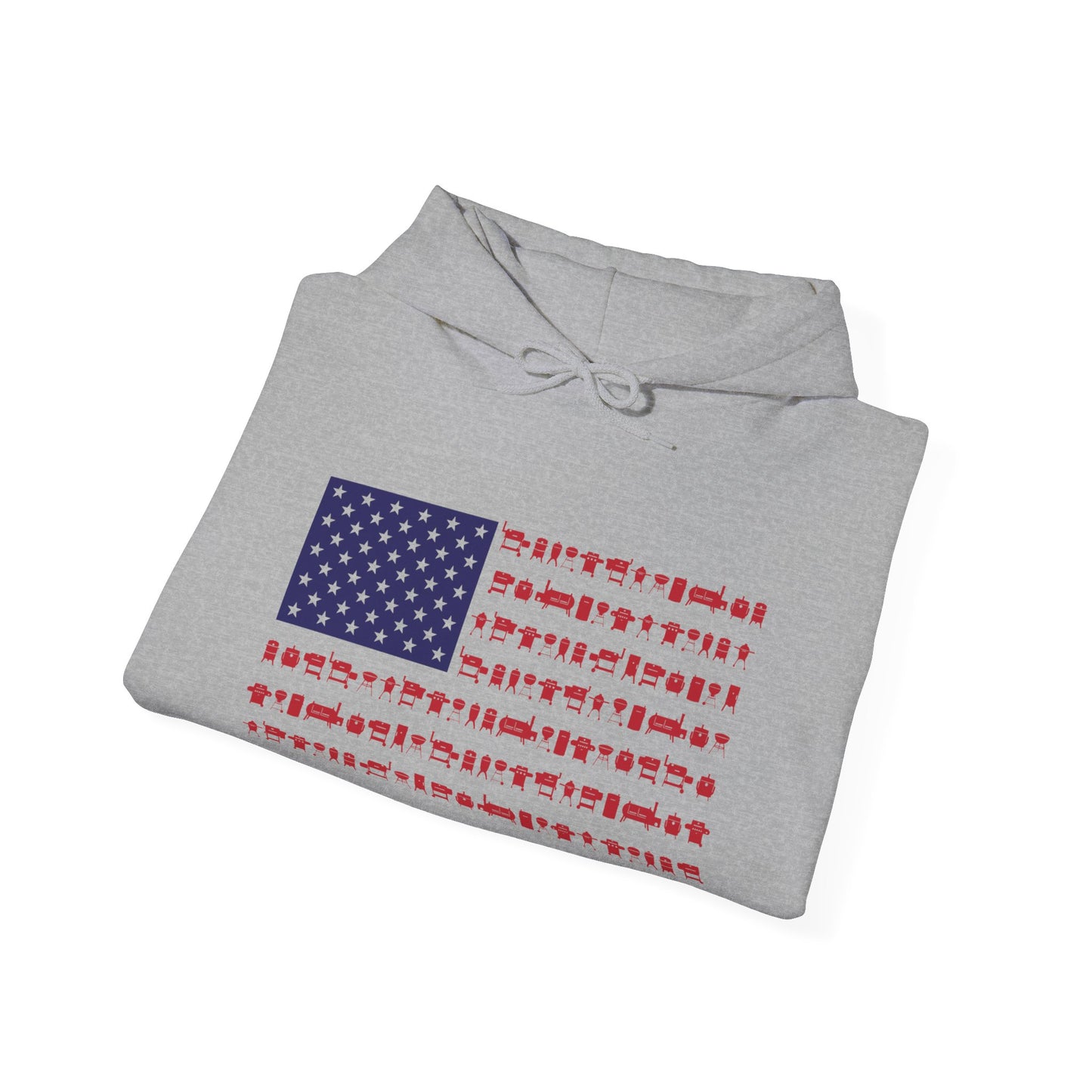Folded gray hoodie  with an American flag design made up of smokers and grills on a white background