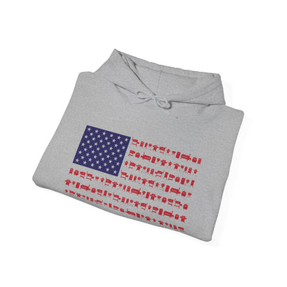 Folded gray hoodie  with an American flag design made up of smokers and grills on a white background
