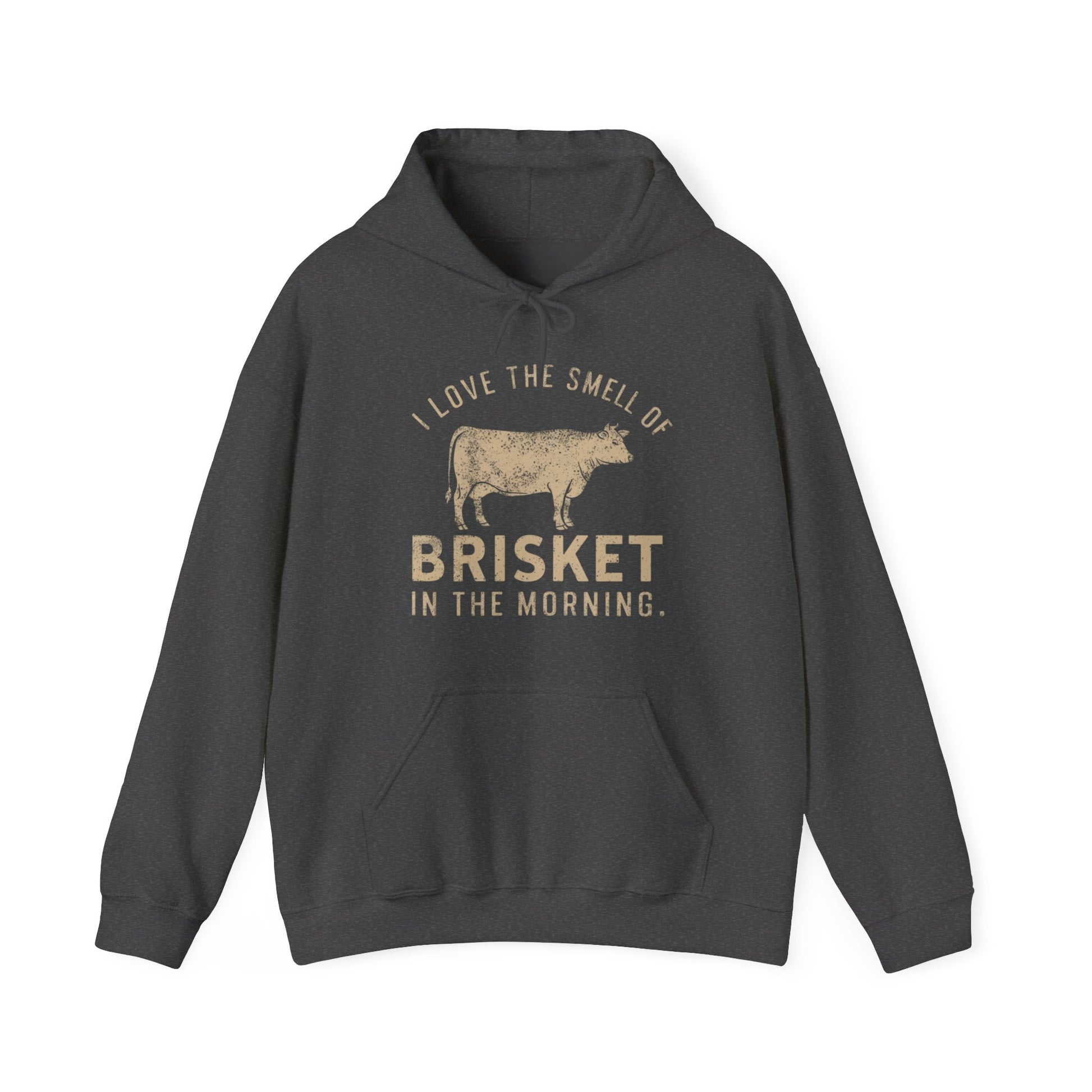 Gray hoodie with text "I love the smell of Brisket in the morning" and cow graphic on a white background