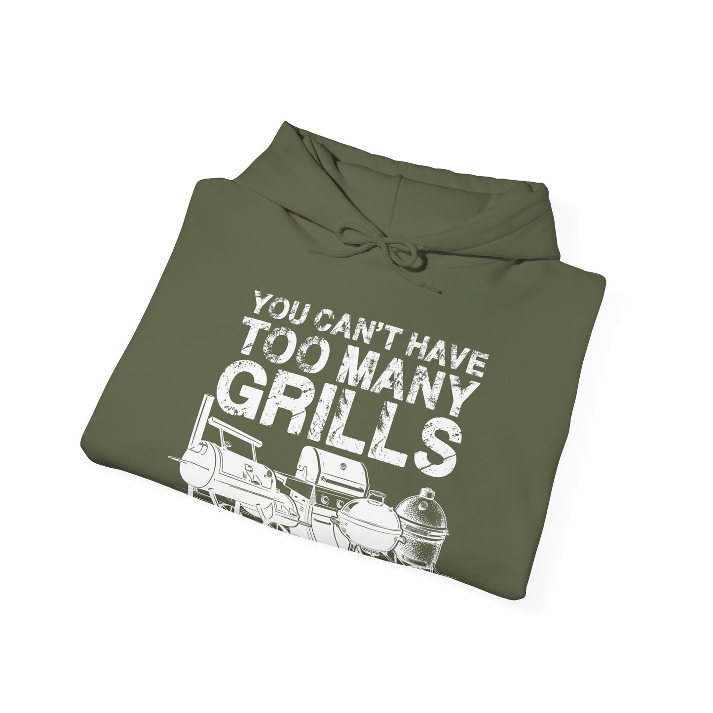 Folded green hoodie with 'You can't have too many grills' text and grill graphics on a white background