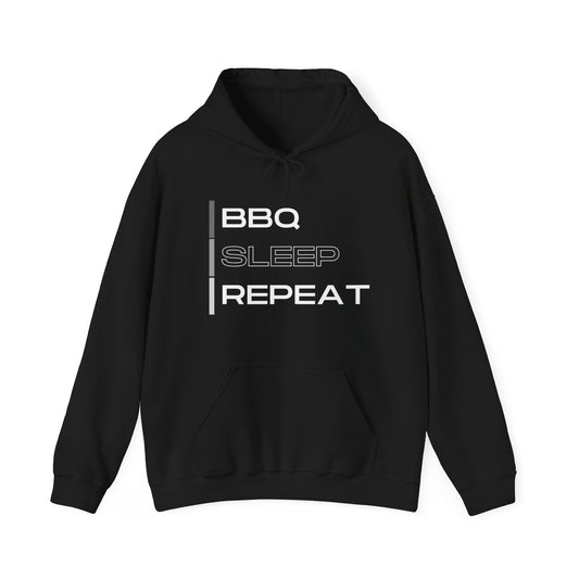 Black hoodie with 'BBQ SLEEP REPEAT' text on a white background