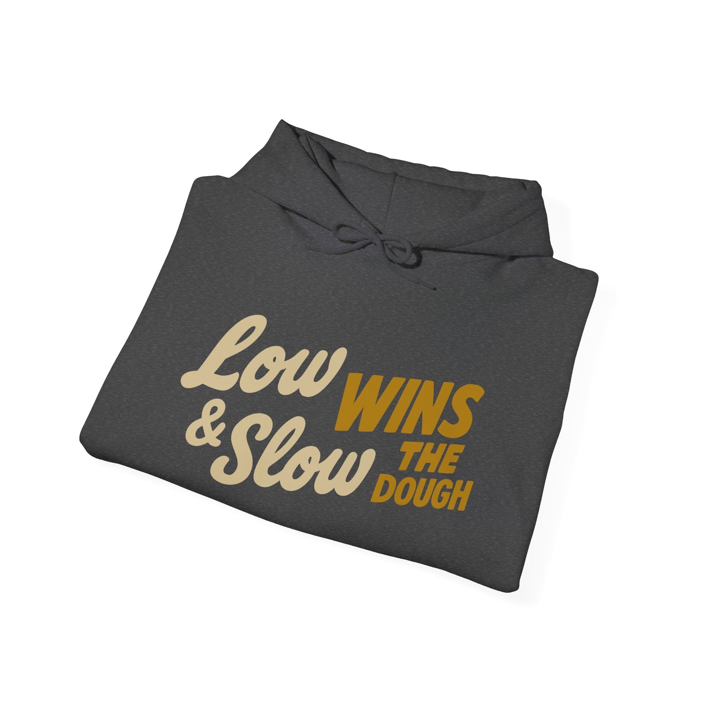 Folded gray hoodie with yellow text on a white background