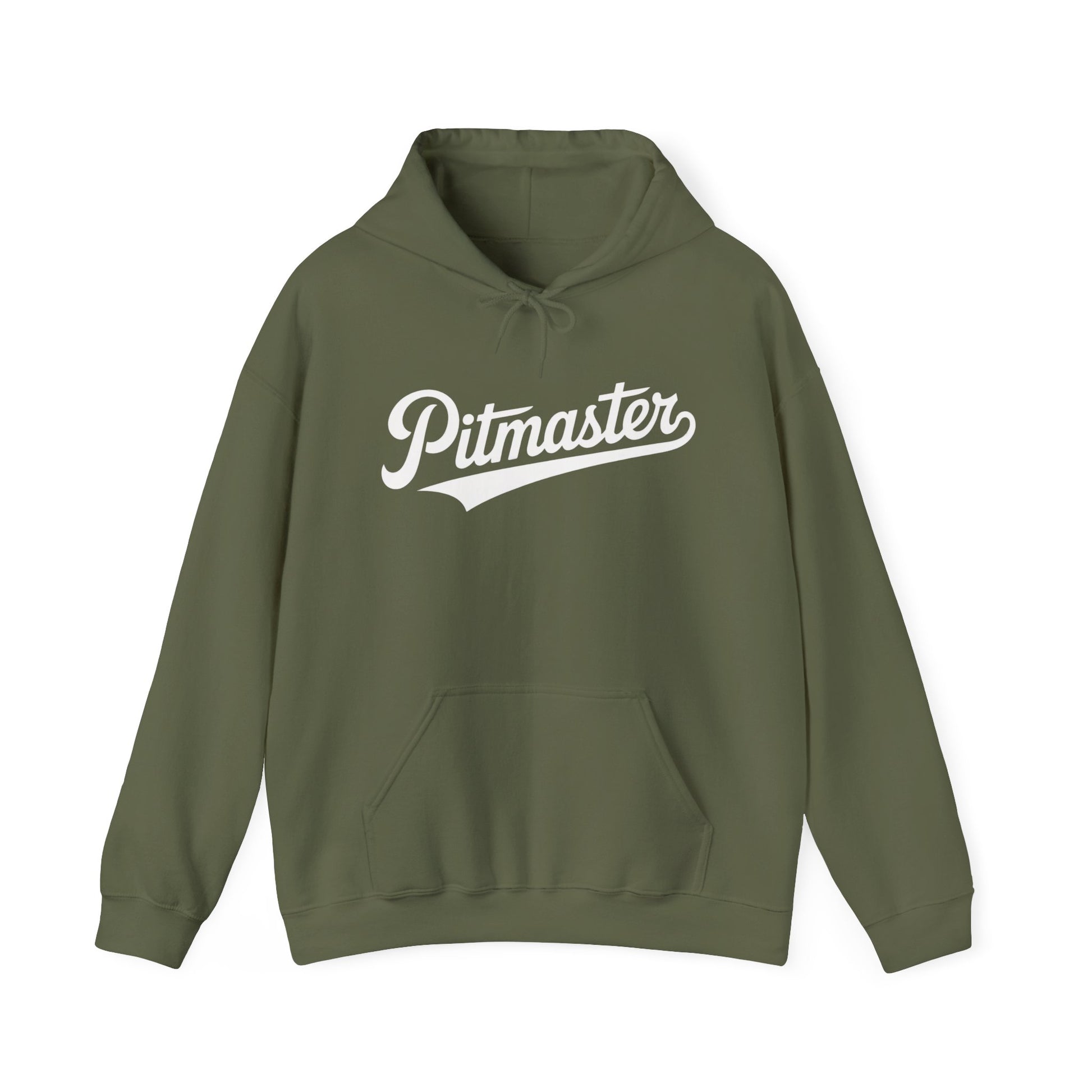 Green hoodie with 'Pitmaster' text on a white background