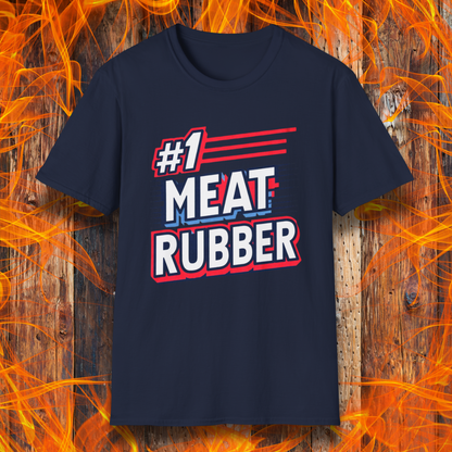 Navy T-shirt featuring a bold and humorous BBQ-themed design that reads '#1 MEAT RUBBER' in white and navy block lettering with red and blue speed-line accents. Perfect for grill masters and barbecue lovers with a sense of humor.