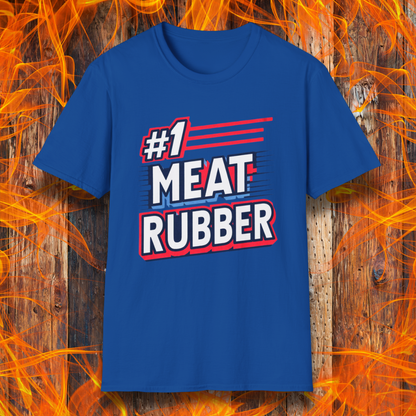 Royal Blue T-shirt featuring a bold and humorous BBQ-themed design that reads '#1 MEAT RUBBER' in white and navy block lettering with red and blue speed-line accents. Perfect for grill masters and barbecue lovers with a sense of humor.