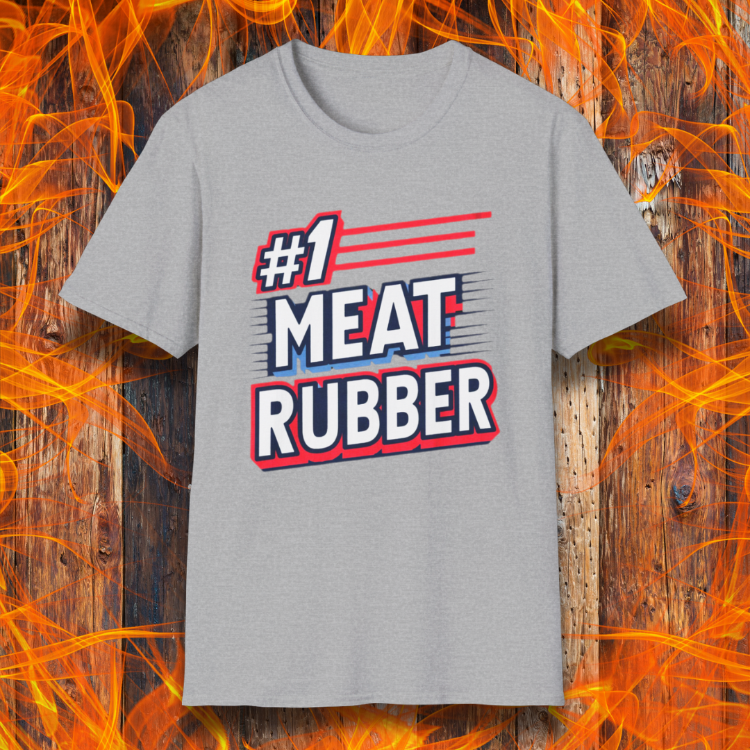 Sport Grey T-shirt featuring a bold and humorous BBQ-themed design that reads '#1 MEAT RUBBER' in white and navy block lettering with red and blue speed-line accents. Perfect for grill masters and barbecue lovers with a sense of humor.