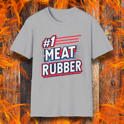 Sport Grey T-shirt featuring a bold and humorous BBQ-themed design that reads '#1 MEAT RUBBER' in white and navy block lettering with red and blue speed-line accents. Perfect for grill masters and barbecue lovers with a sense of humor.