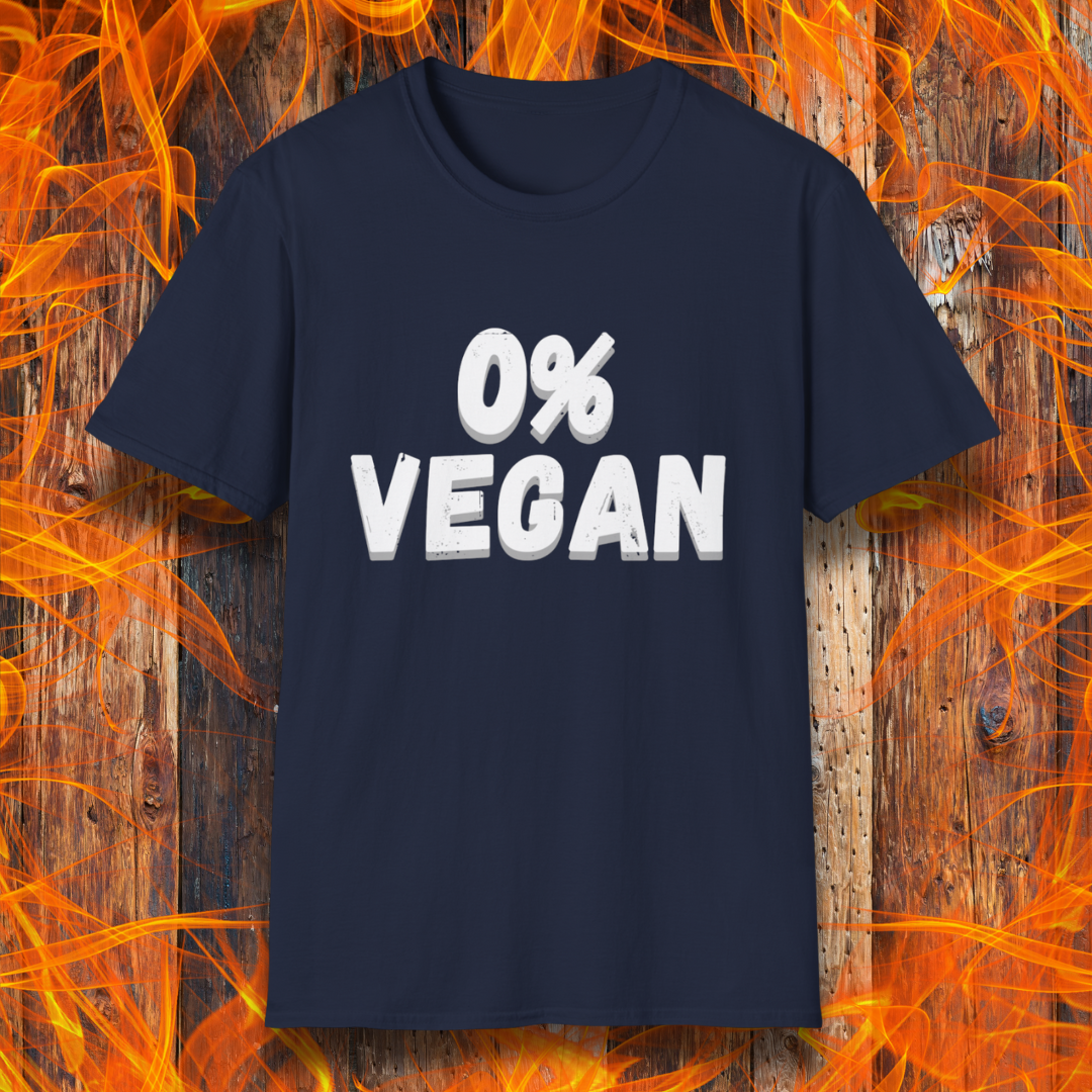 Navy blue t-shirt with '0% Vegan' text on a fiery background