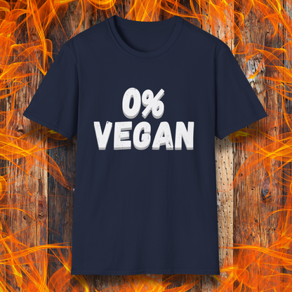 Navy blue t-shirt with '0% Vegan' text on a fiery background