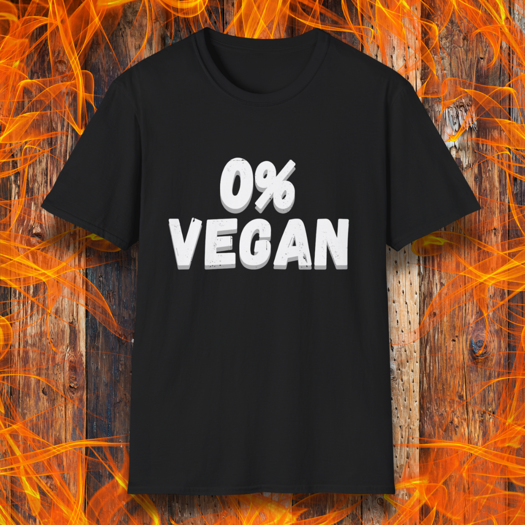 Black t-shirt with '0% Vegan' text on a fiery background