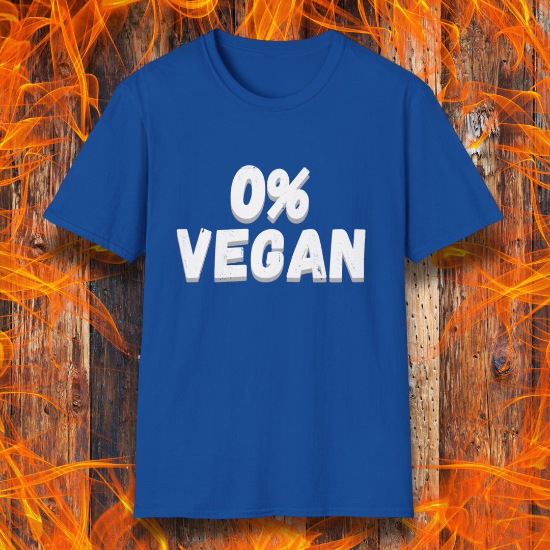 Blue t-shirt with '0% Vegan' text on a fiery background